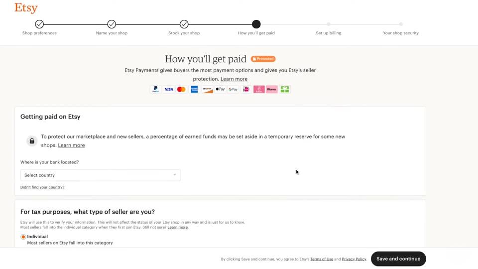 setting up payment in etsy